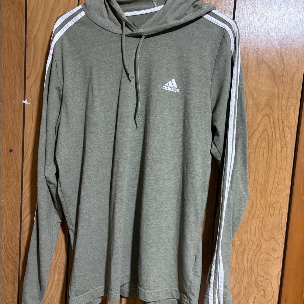 Adidas Men's Olive Hoodie with White Stripes